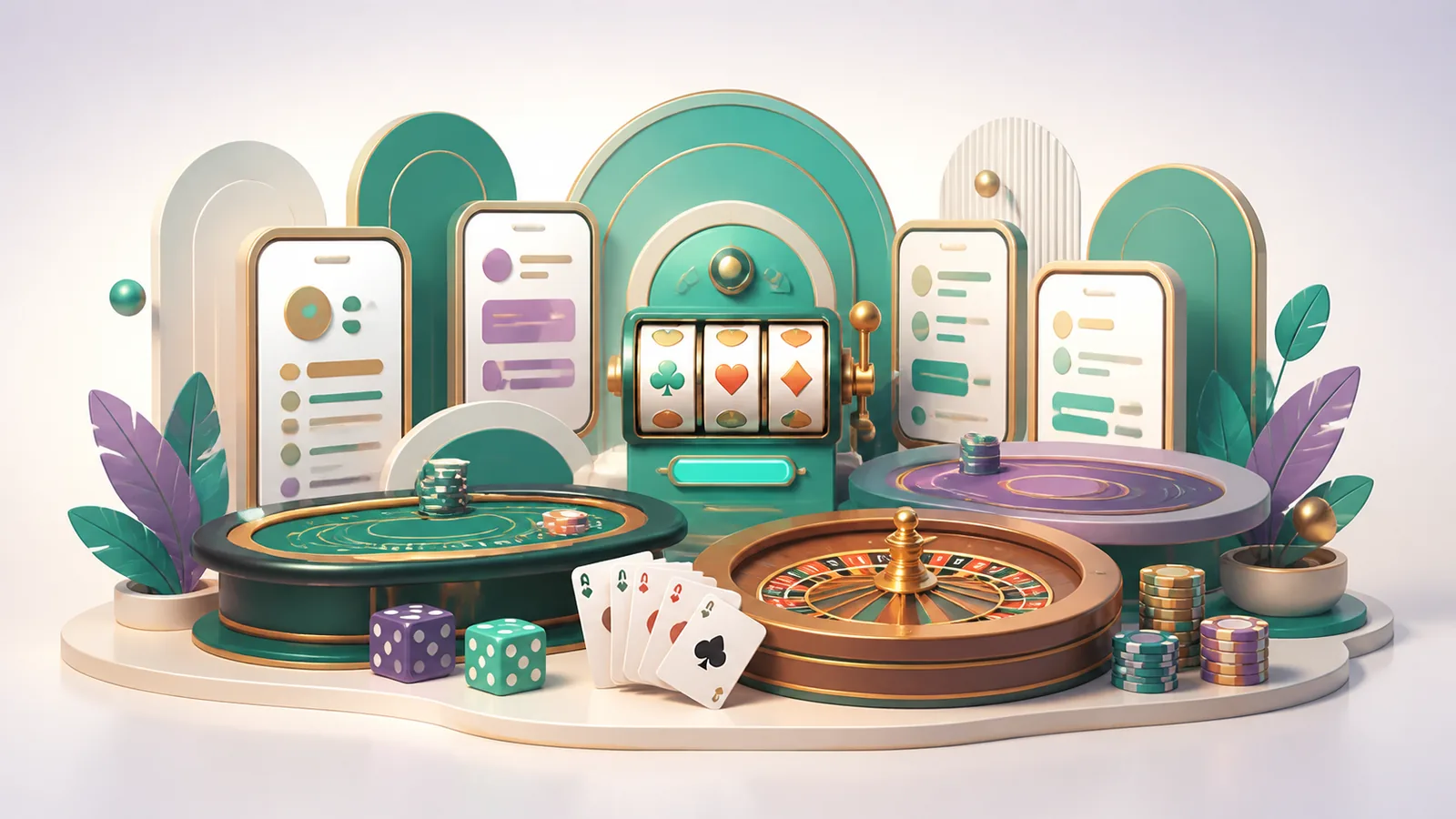 Ilustração editorial de um lobby de cassino on-line com slots, roleta e cartas