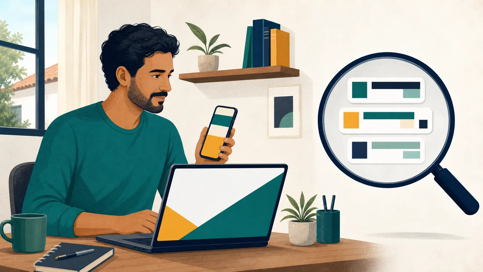 Pessoa comparando endereços no celular e no computador antes de informar a senha