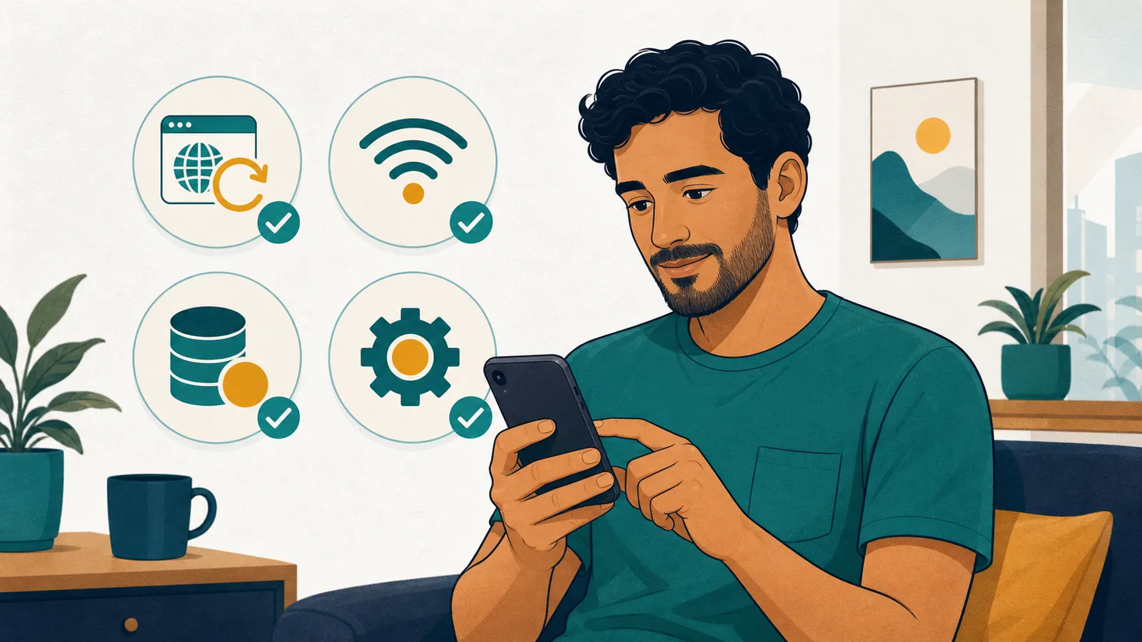 Pessoa verificando navegador, rede e configurações no celular