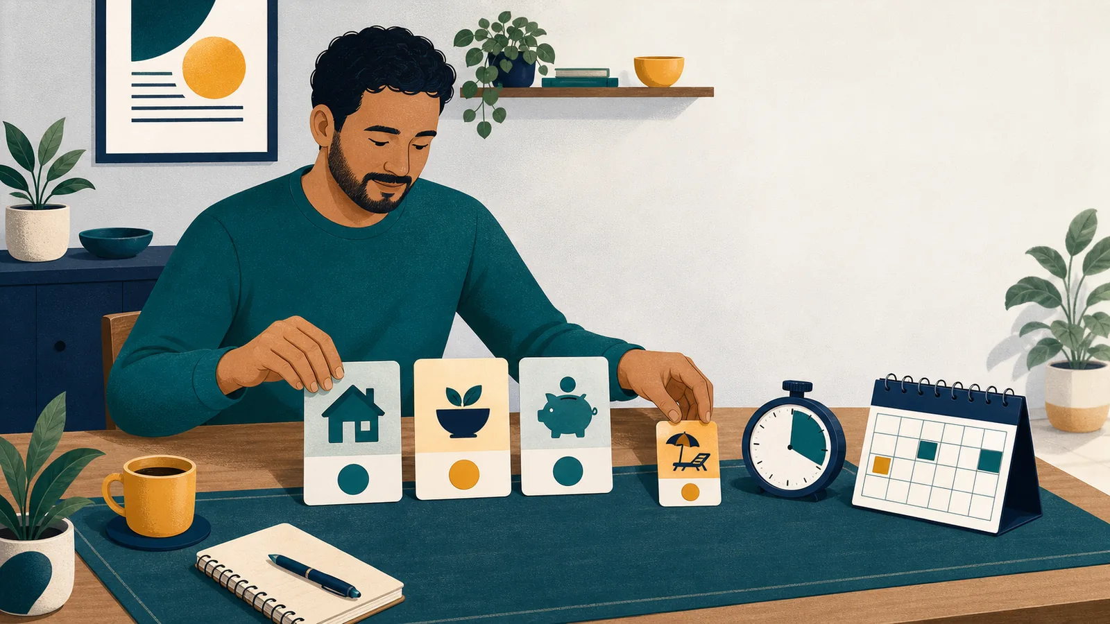 Pessoa organizando orçamento doméstico e limite de tempo antes de uma atividade de risco